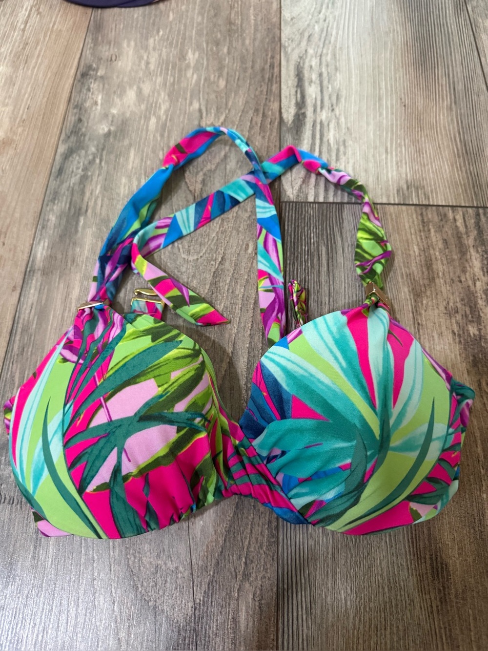 Victoria's Secret Swim Tropical Leaf Halter Bikini Top - Pink, Green & Blue 32C